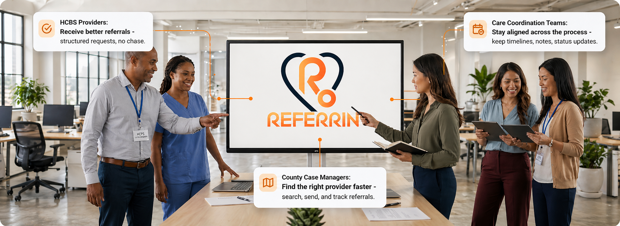 Teams collaborating around Referrin: HCBS providers receiving structured referrals, county case managers finding providers faster, and care coordination staying aligned on timelines and status